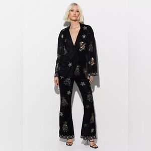 NWT Nasty Gal Premium Velvet Embellished Celestial Blazer and Flare Trouser Set